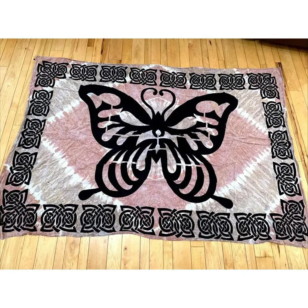 VTG 90s Butterfly Wall Hanging Tablecloth Brown TieDye Tapestry Celtic Knot Boho